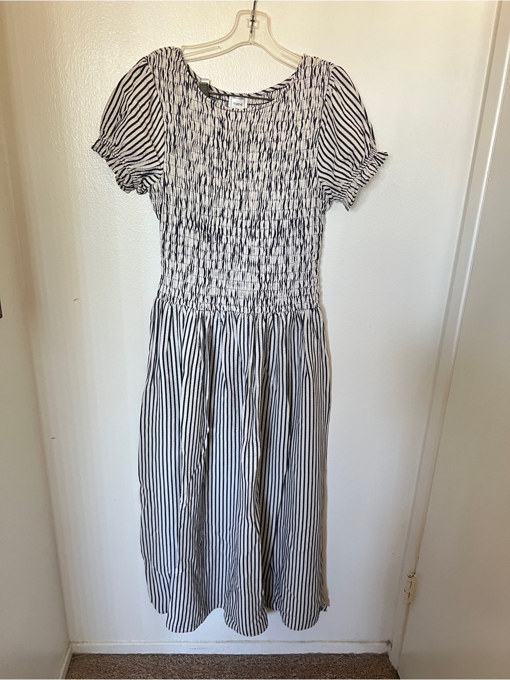Maeve Anthropologie Blue Striped Smocked Midi Margie Dress M